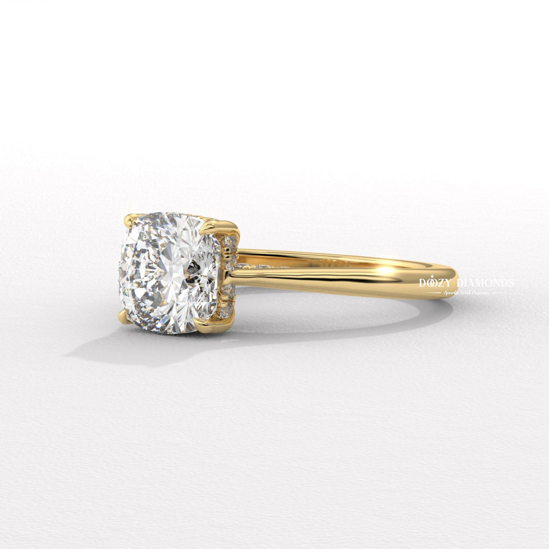 Cushion solitaire lab grown diamond ring fitted on finger