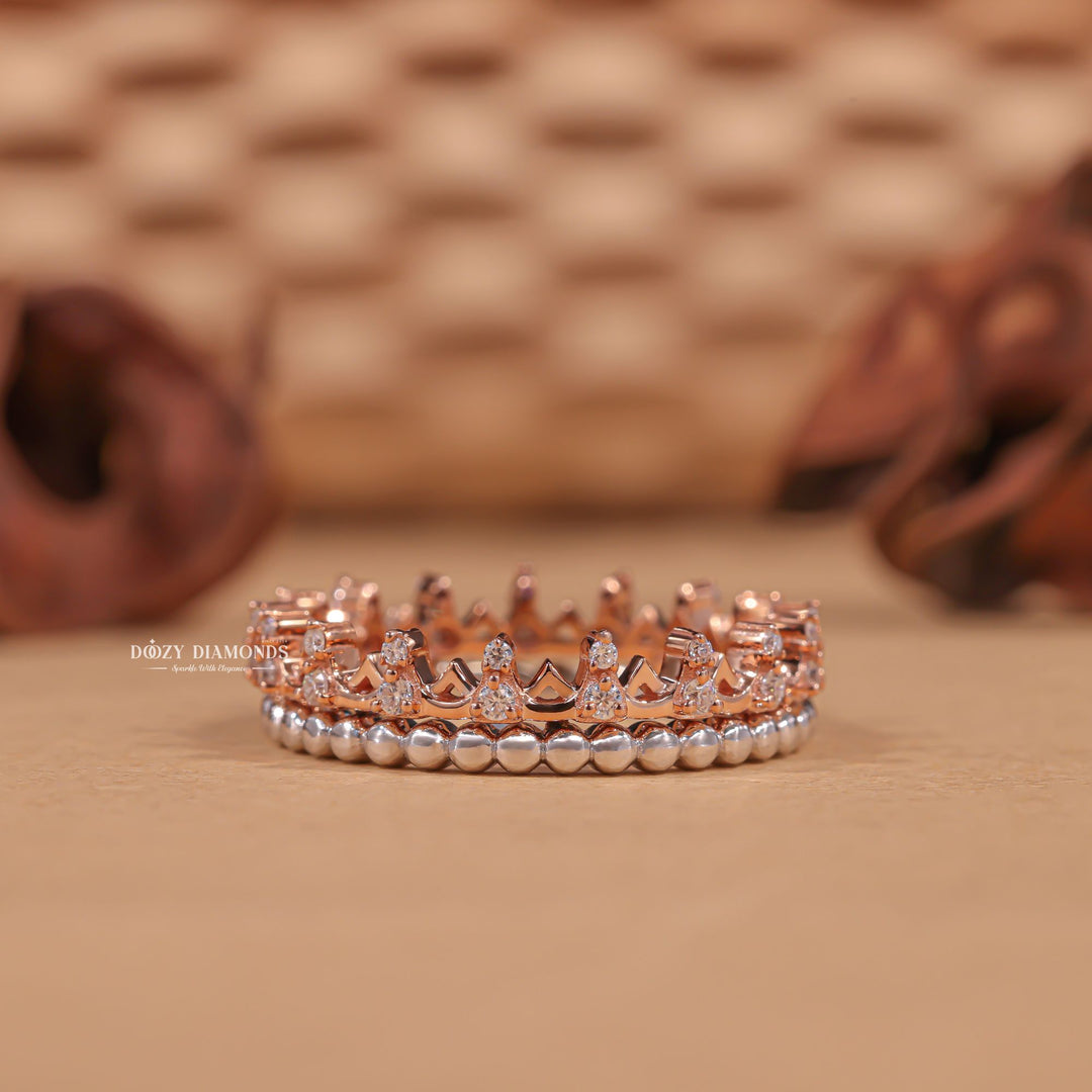 Milgrain Crown round diamond wedding band front view