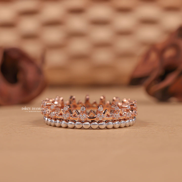 Milgrain Crown round diamond wedding band front view