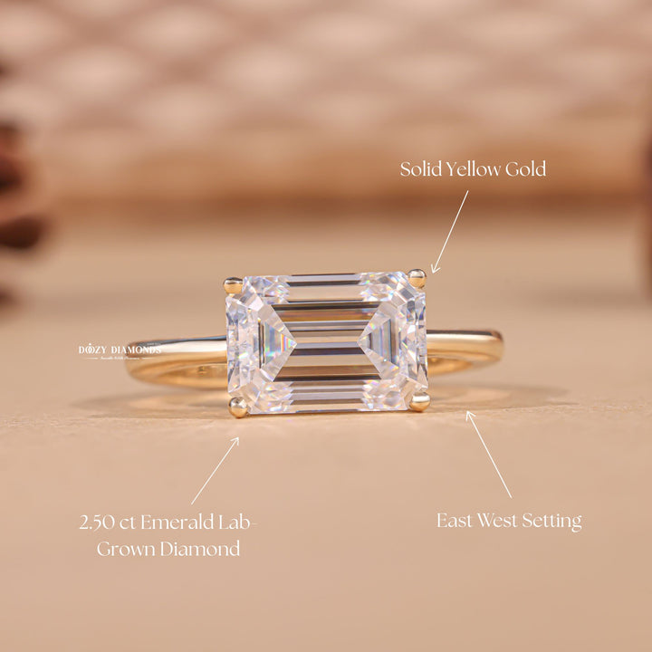Emerald east west engagement ring viewed from the side