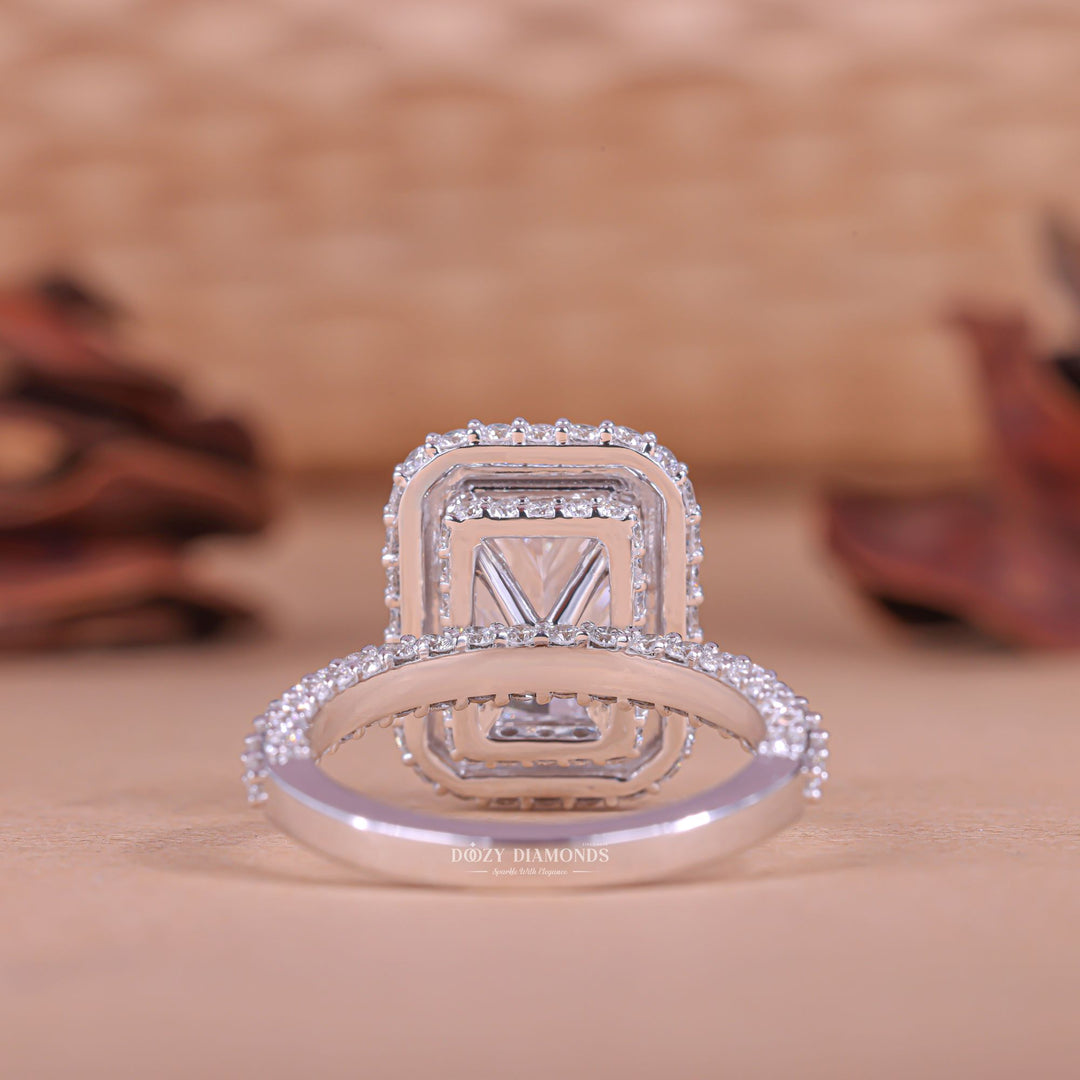 Profile view of radiant cut halo engagement ring band