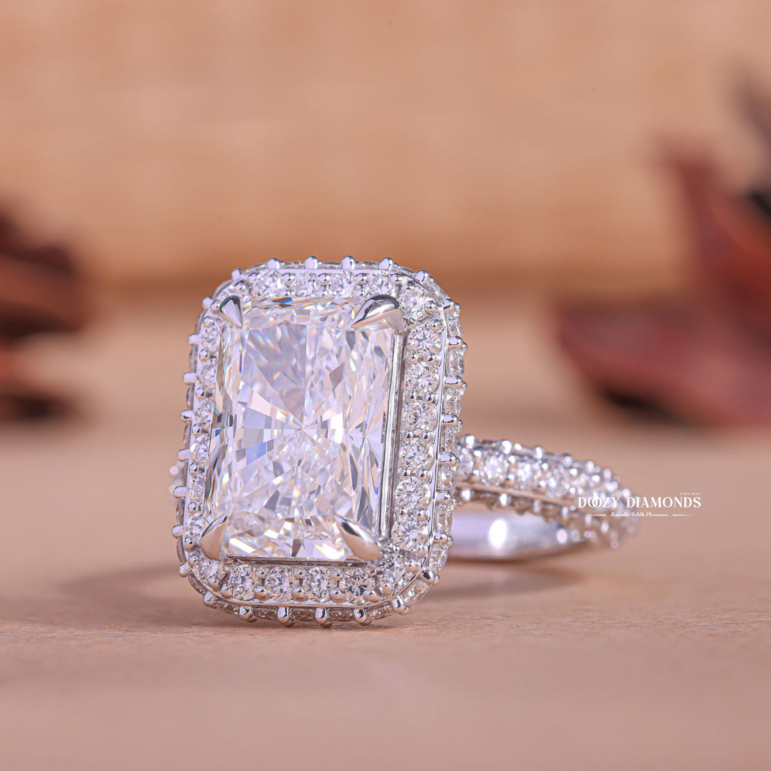 Side angle of radiant halo diamond engagement ring