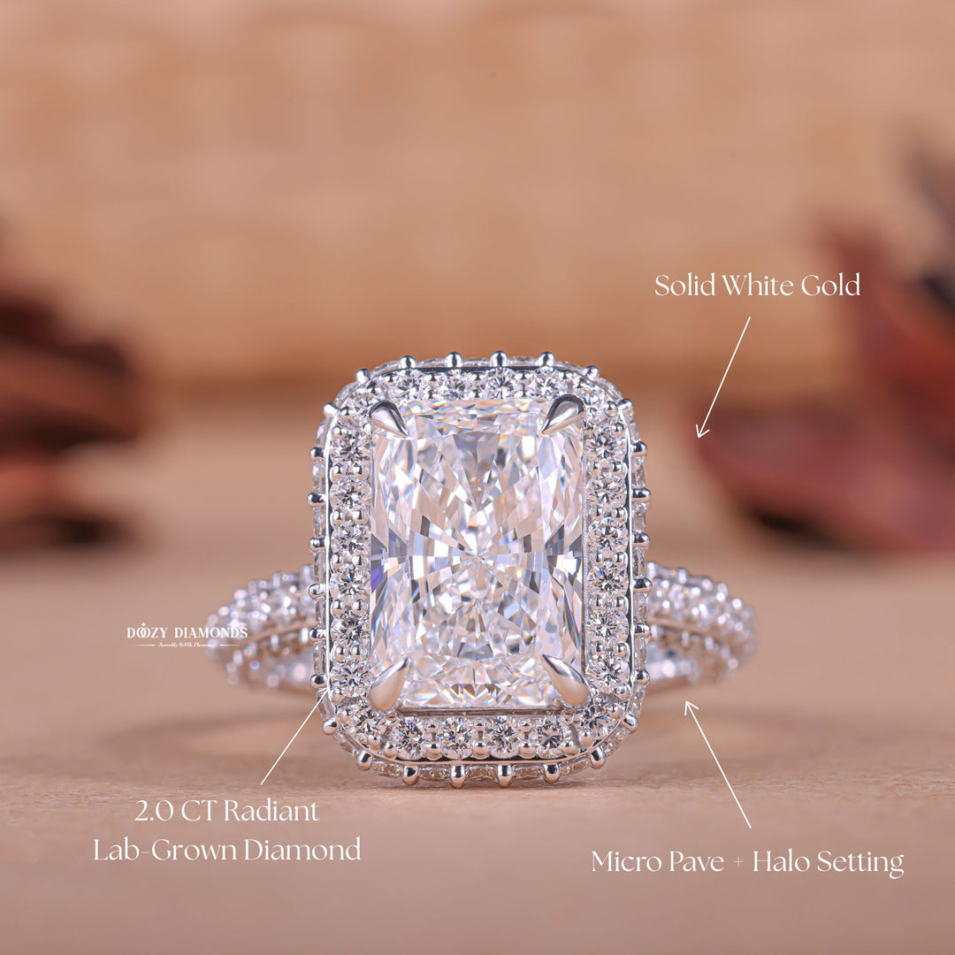 Radiant halo engagement ring viewed from the side