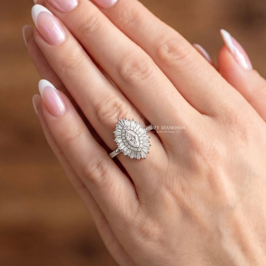 0.50CT Marquise Lab Grown Diamond Double Halo Cluster Engagement Ring