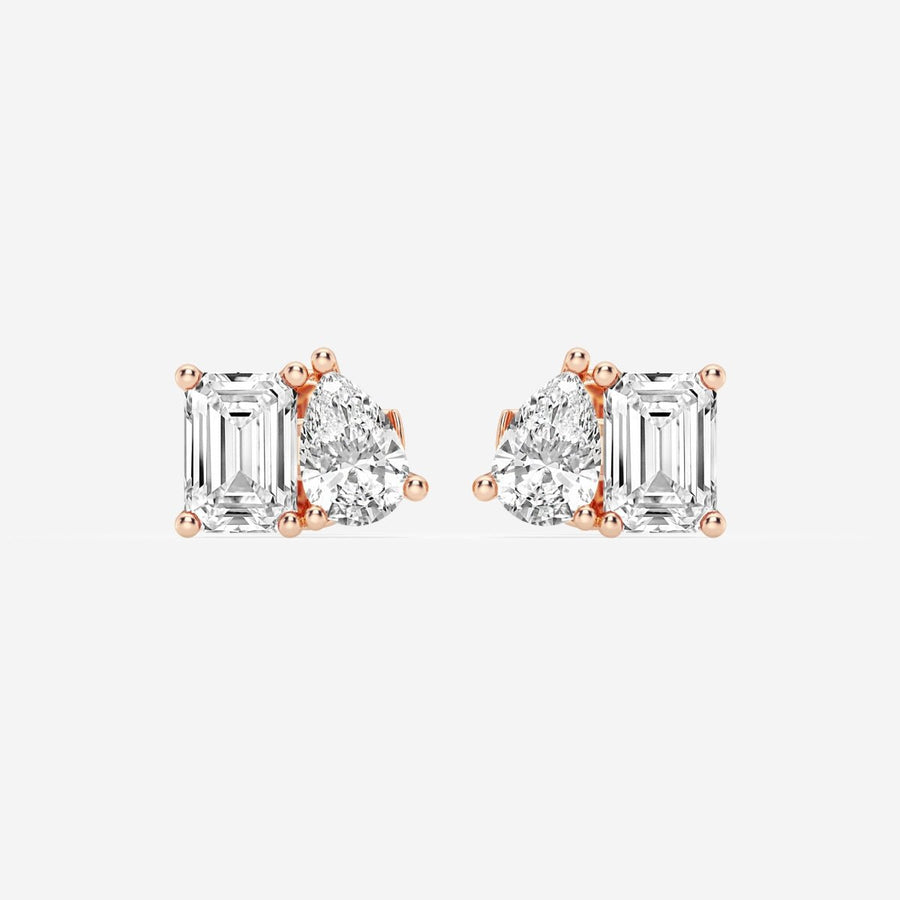 Emerald & Pear Cut FG - VS2 Lab - Grown Diamond Two Stone Stud Earrings - Doozy Diamonds