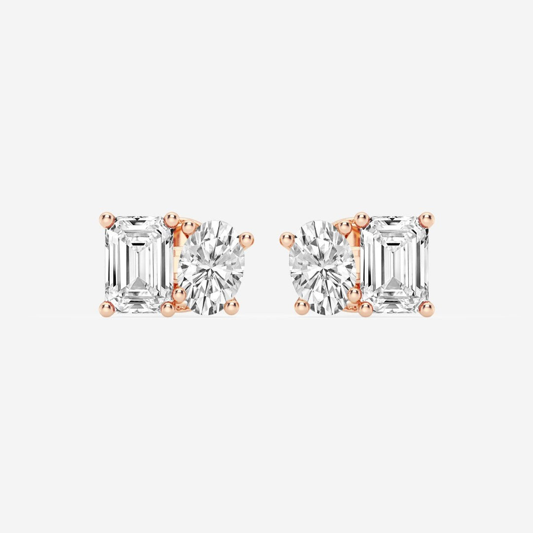 Oval & Emerald FG - VS2 Lab - Grown Diamond Two Stone Stud Earrings - Doozy Diamonds