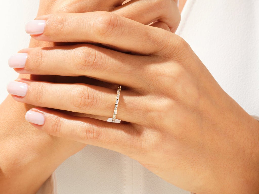 Baguette & Round lab grown diamond band worn on hand