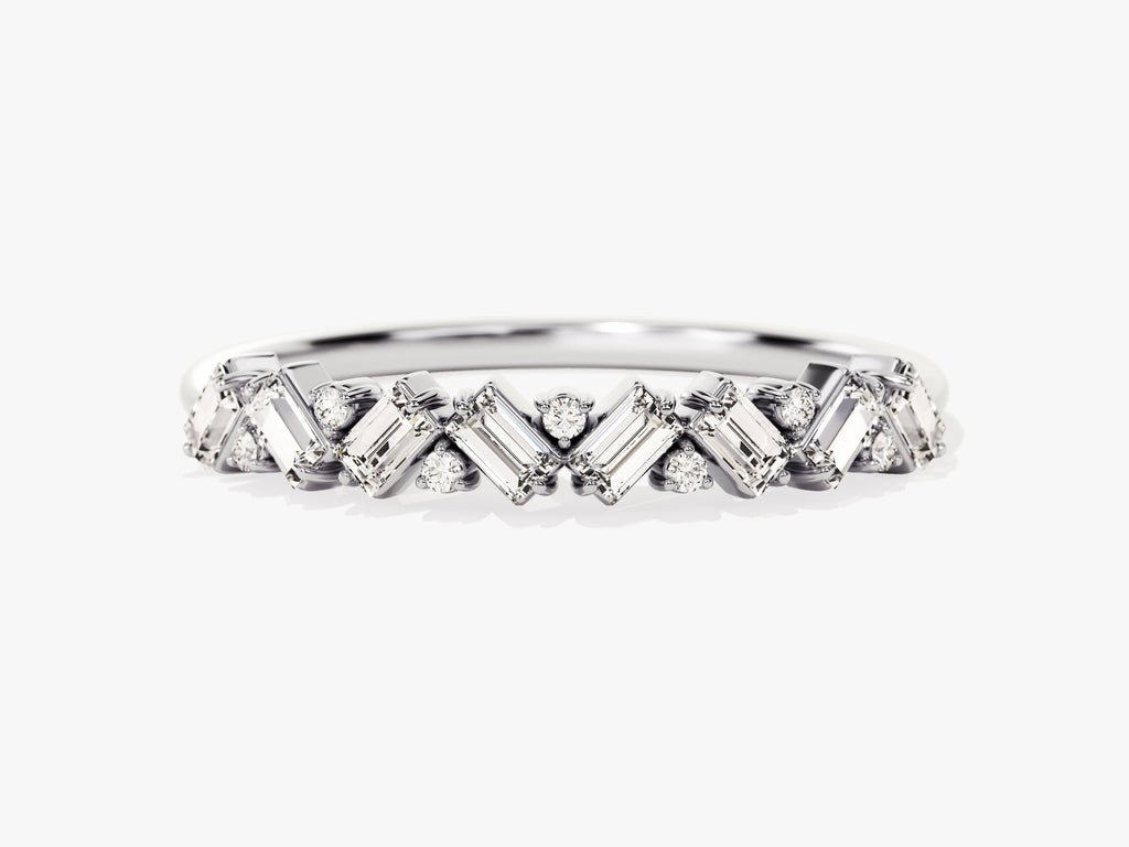 Round diamond band stacked with engagement ring