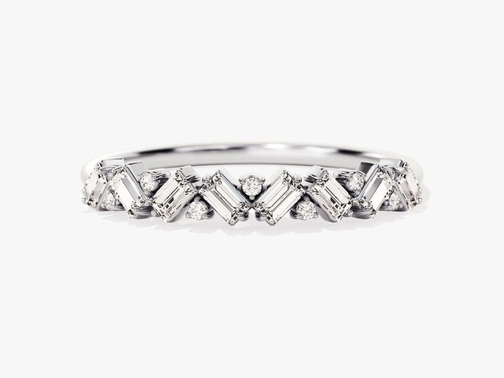Round diamond band stacked with engagement ring