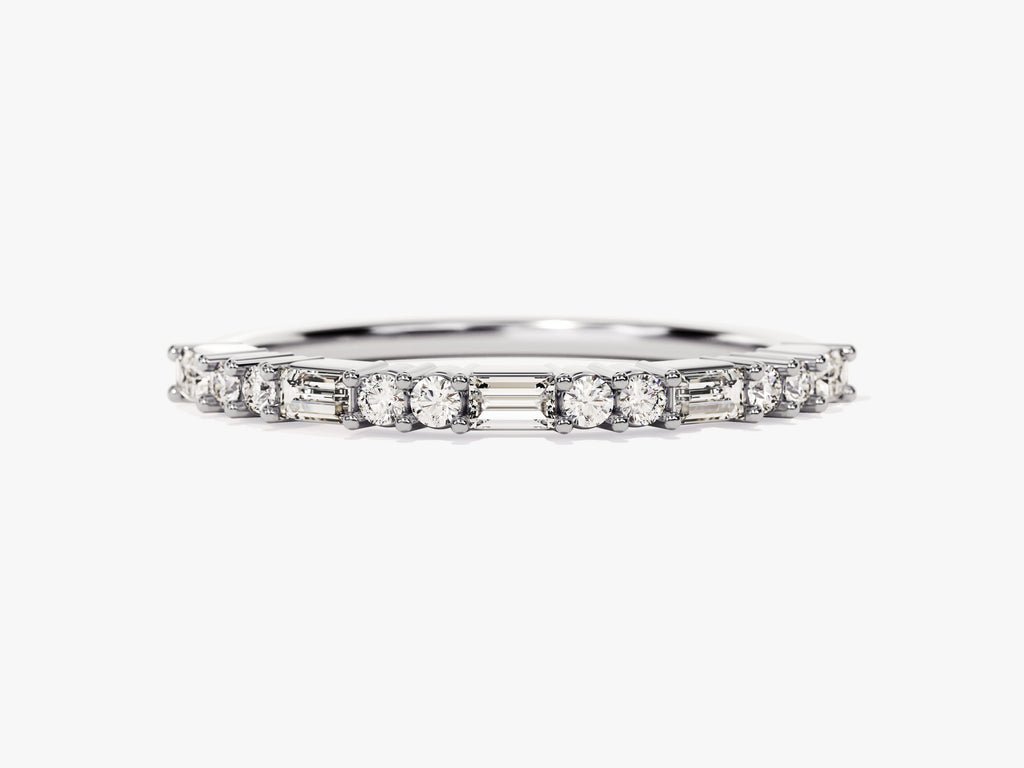 Baguette & Round diamond band stacked with engagement ring