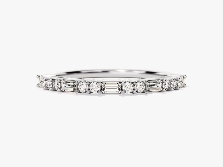 Baguette & Round diamond band stacked with engagement ring