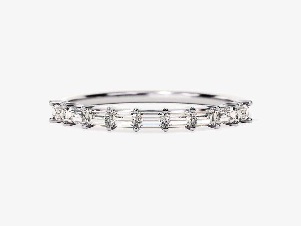 Baguette diamond band stacked with engagement ring