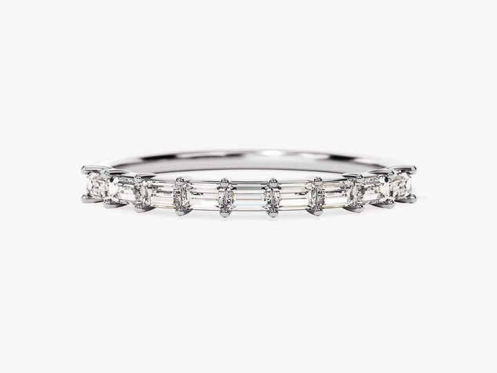 Baguette diamond band stacked with engagement ring