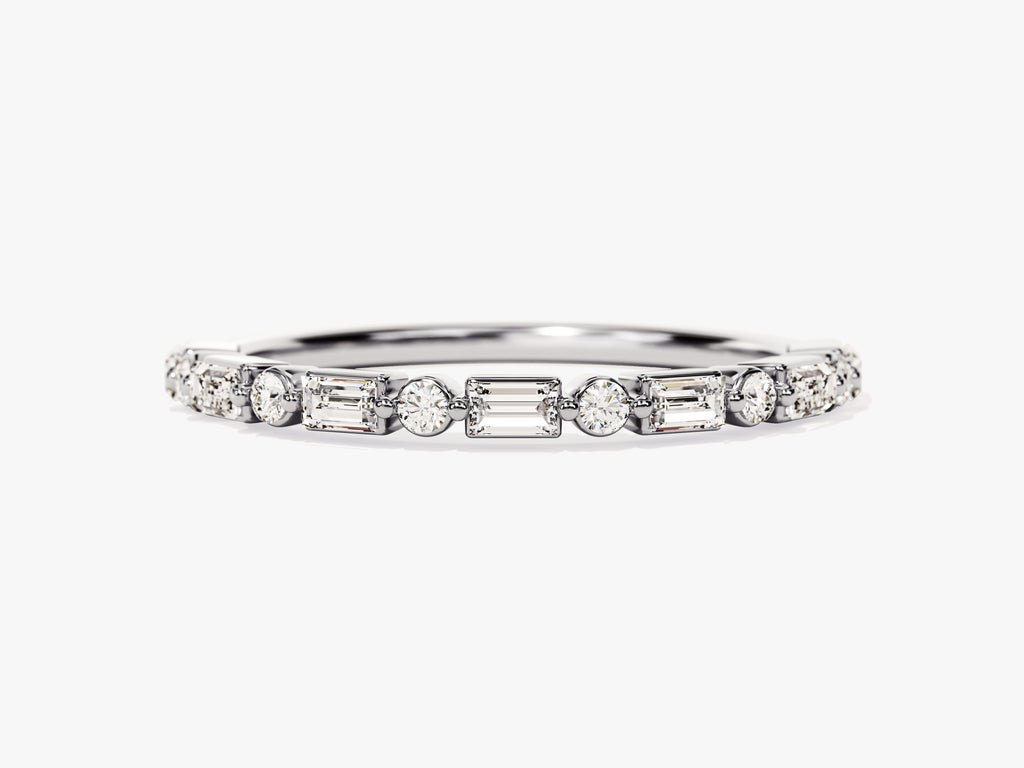 Round & Baguette diamond band stacked with engagement ring