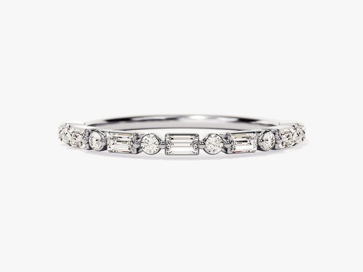 Round & Baguette diamond band stacked with engagement ring