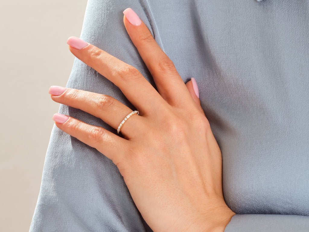 Round & Baguette diamond wedding band in rose gold