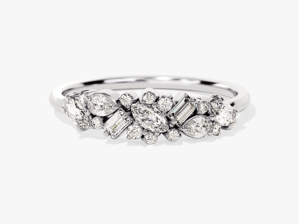 Baguette, Round, Marquise, Pear diamond band stacked with engagement ring
