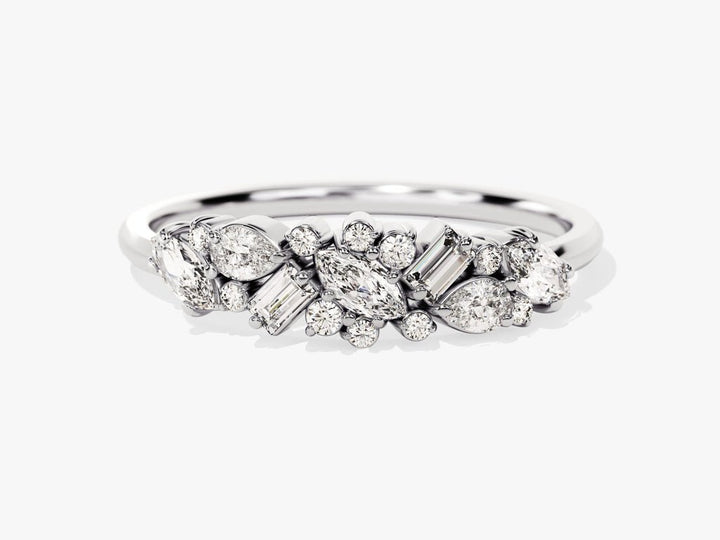 Baguette, Round, Marquise, Pear diamond band stacked with engagement ring
