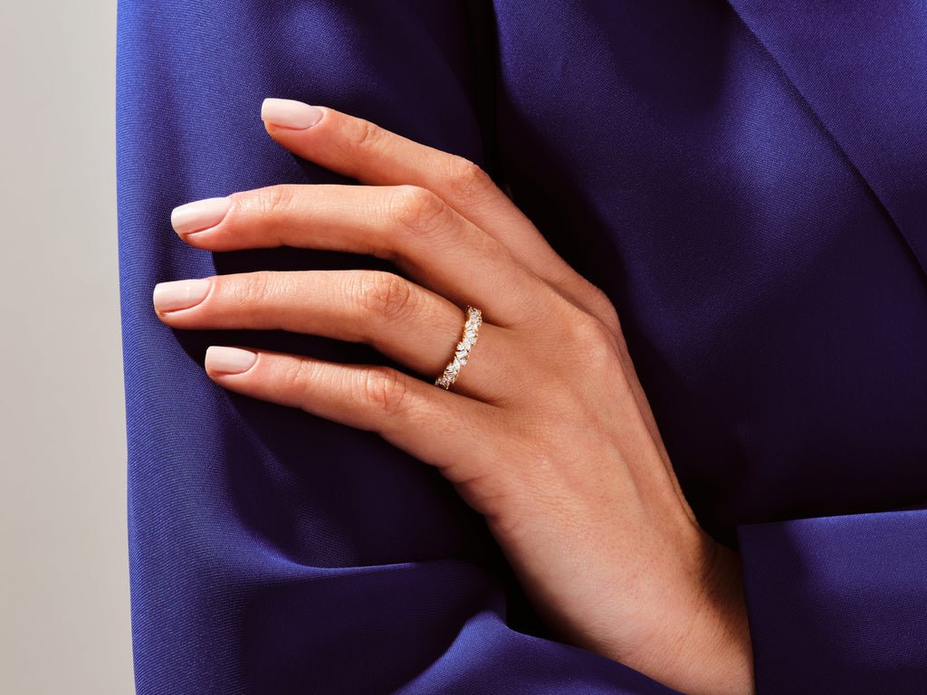 Round, Marquise, Baguette lab grown diamond band worn on hand