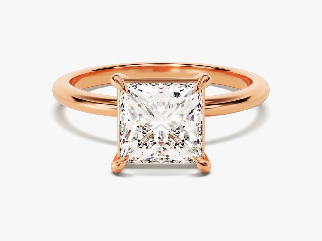 Princess solitaire lab grown diamond ring side profile in gold setting