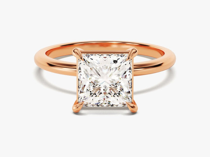 Princess solitaire lab grown diamond ring side profile in gold setting