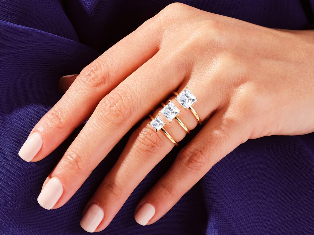 Princess cut engagement ring side view showing band detail