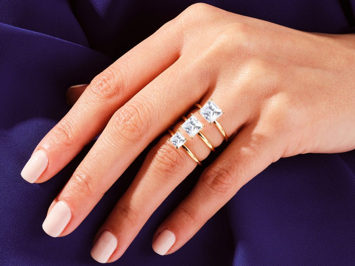 Princess cut engagement ring side view showing band detail