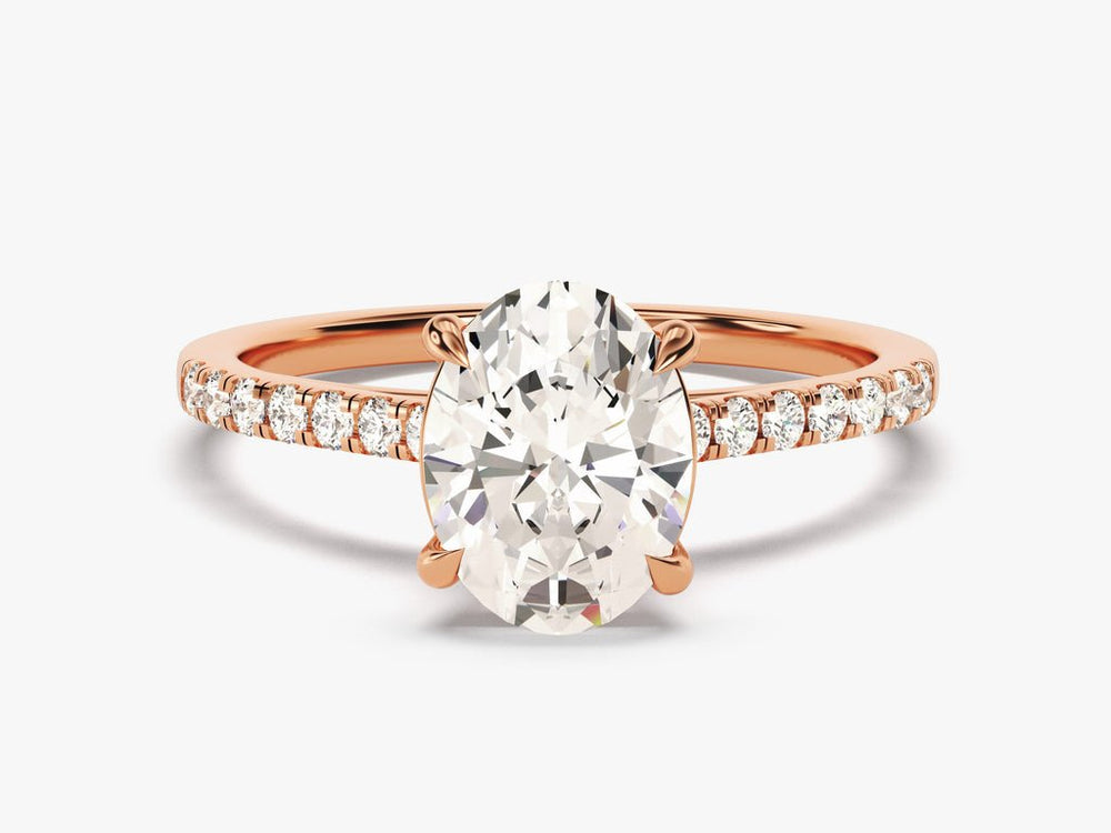 Oval pave lab grown diamond ring side profile in gold setting