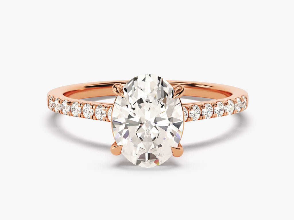 Oval pave lab grown diamond ring side profile in gold setting