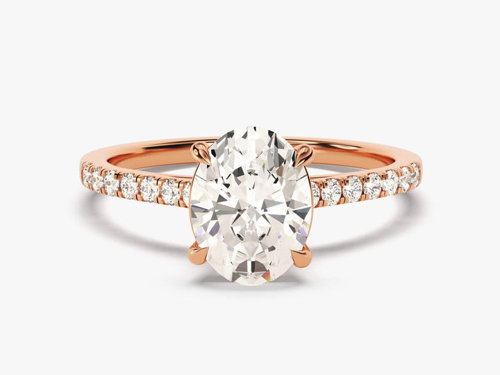 Oval pave lab grown diamond ring side profile in gold setting