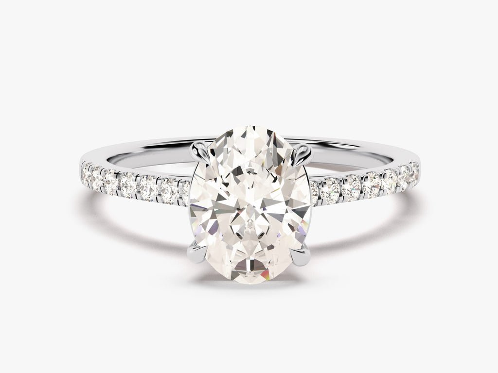 Oval cut engagement ring side view showing band detail