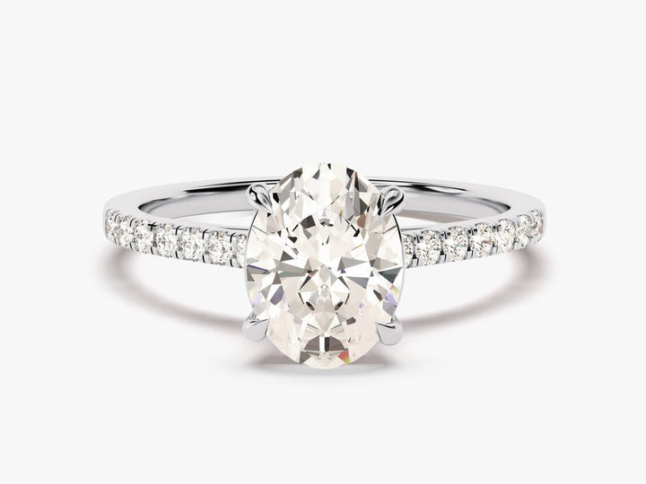 Oval cut engagement ring side view showing band detail