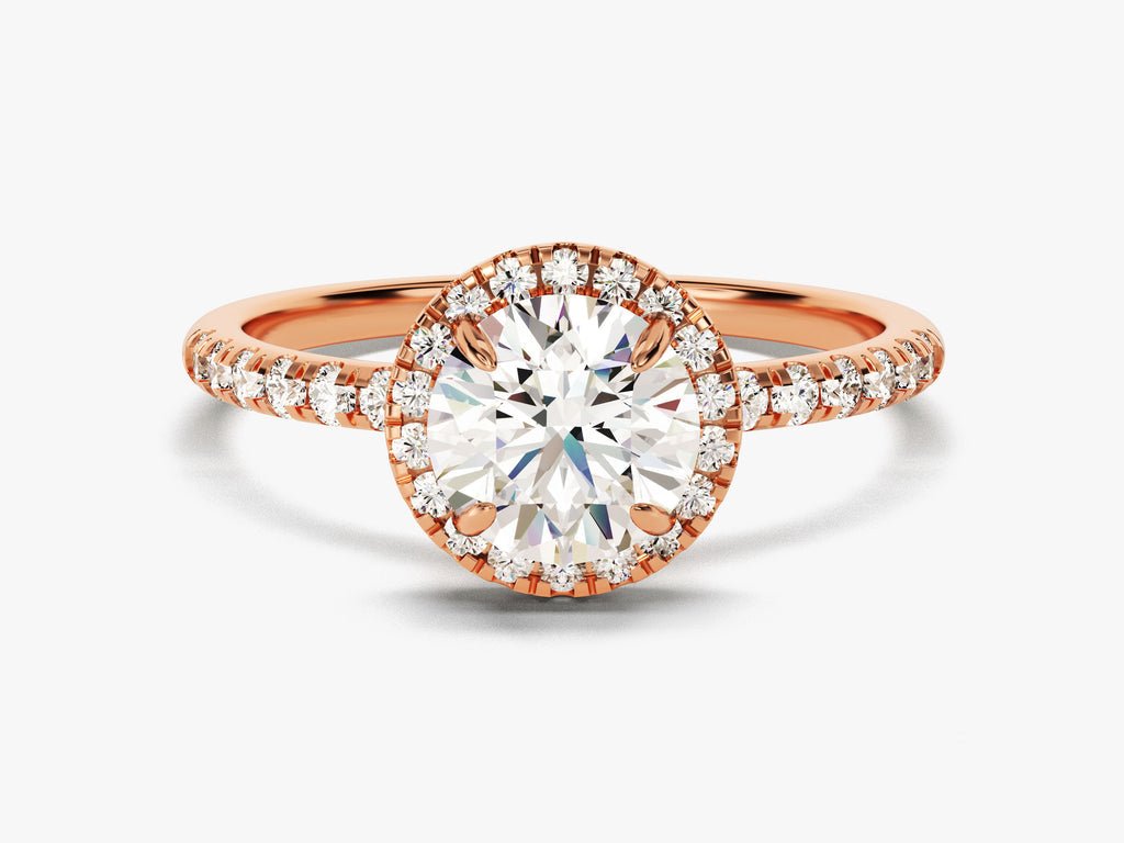 Round pave lab grown diamond ring fitted on finger