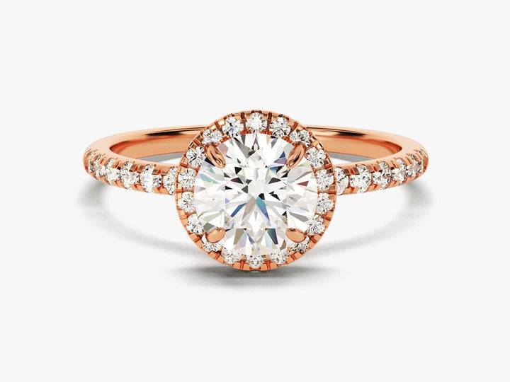 Round pave lab grown diamond ring fitted on finger