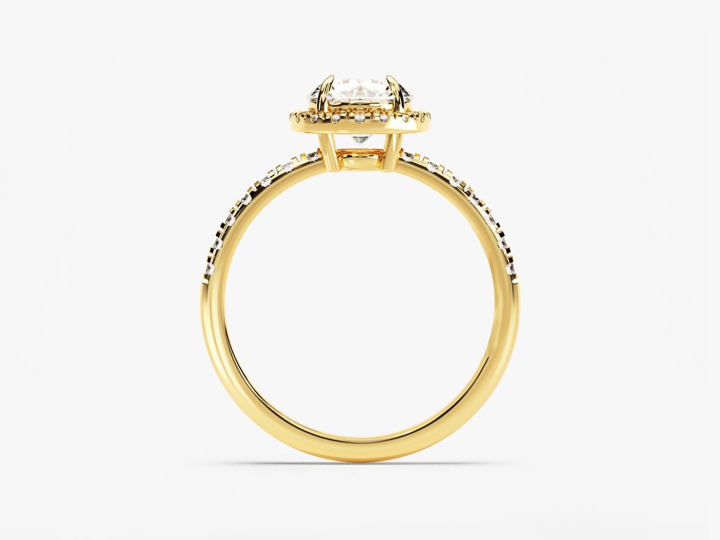 Lifestyle shot of round pave diamond ring on hand