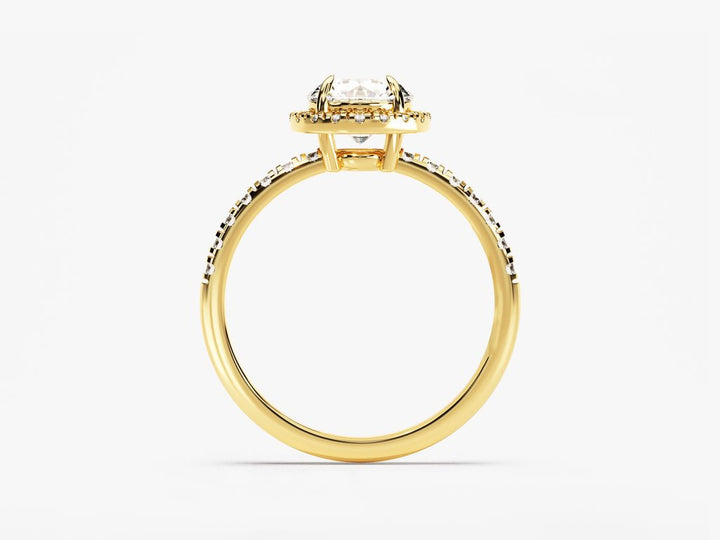 Lifestyle shot of round pave diamond ring on hand