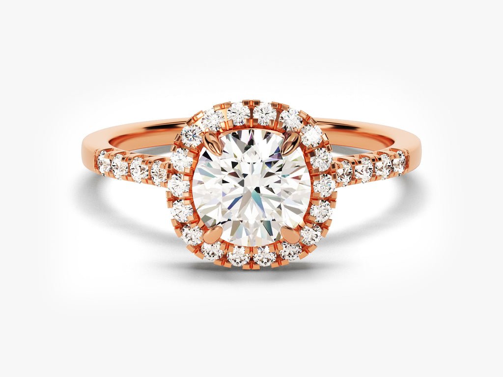 Round pave engagement ring close-up showing high clarity diamond clarity