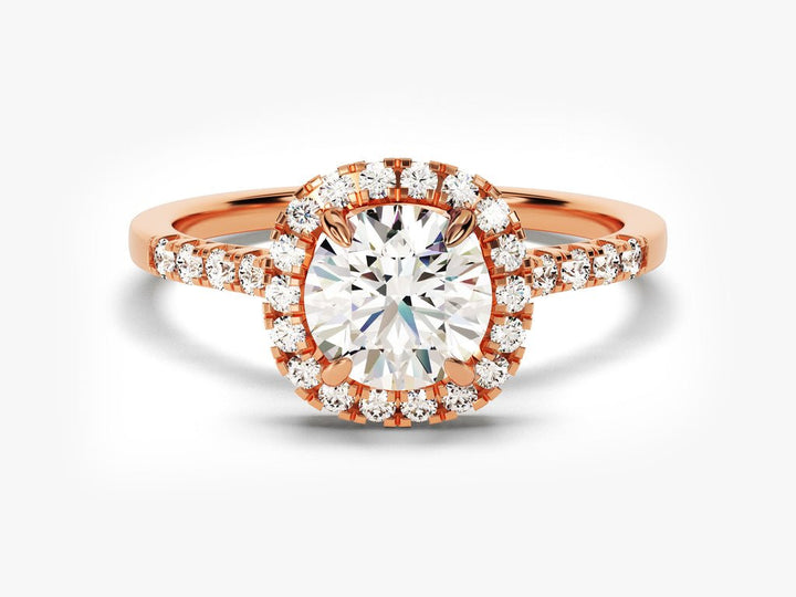 Round pave engagement ring close-up showing high clarity diamond clarity