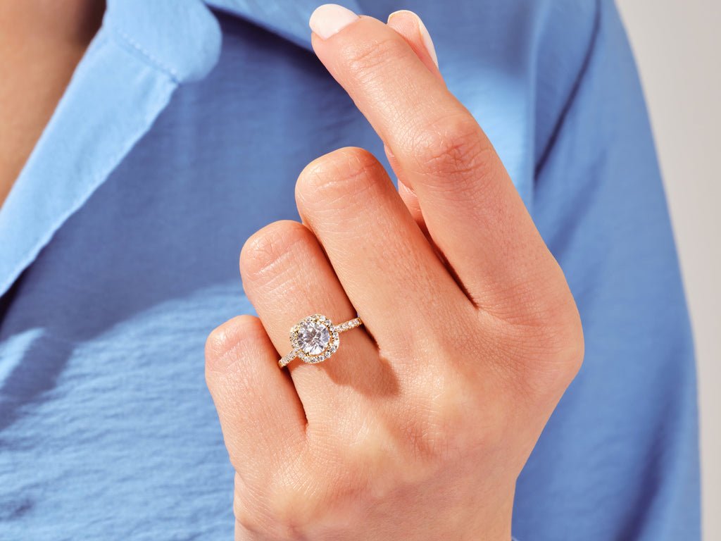 Round pave lab grown diamond ring side profile in gold setting