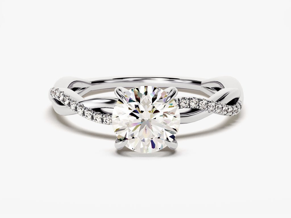 Round cut engagement ring side view showing band detail