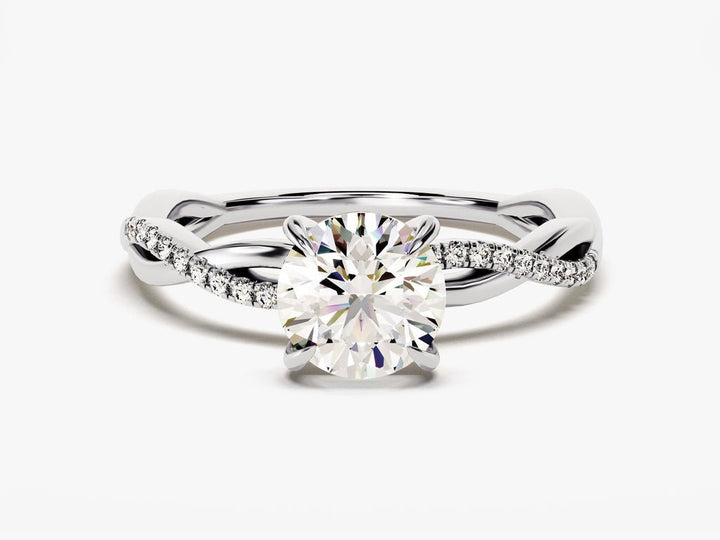 Round cut engagement ring side view showing band detail