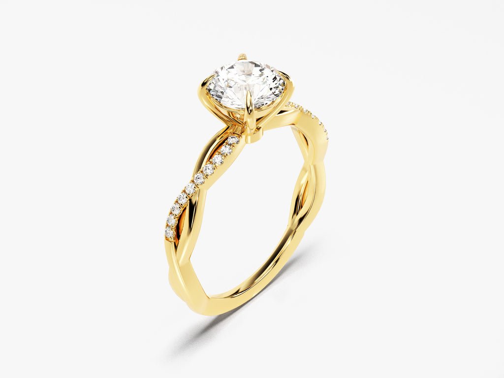 Detailed close-up of round solitaire diamond engagement ring