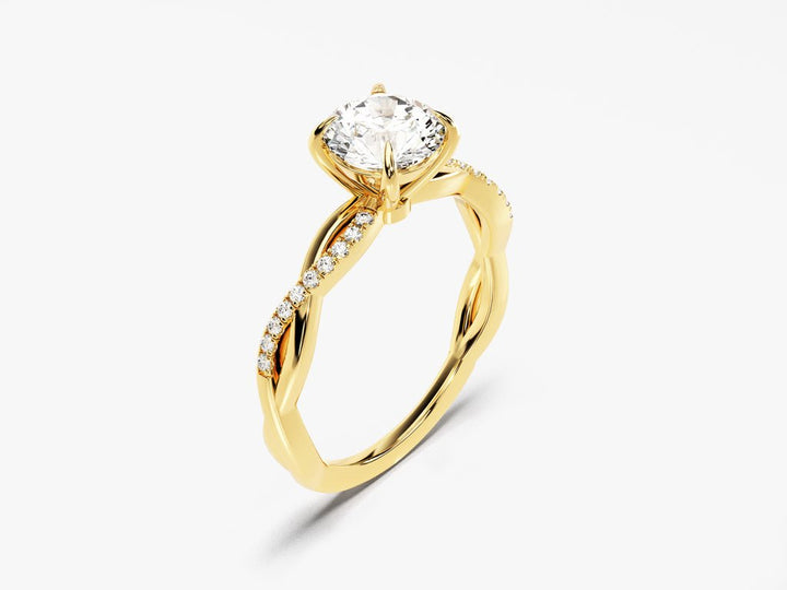 Detailed close-up of round solitaire diamond engagement ring