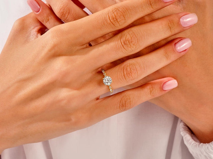 Round milgrain lab grown diamond ring in jewelry gift box