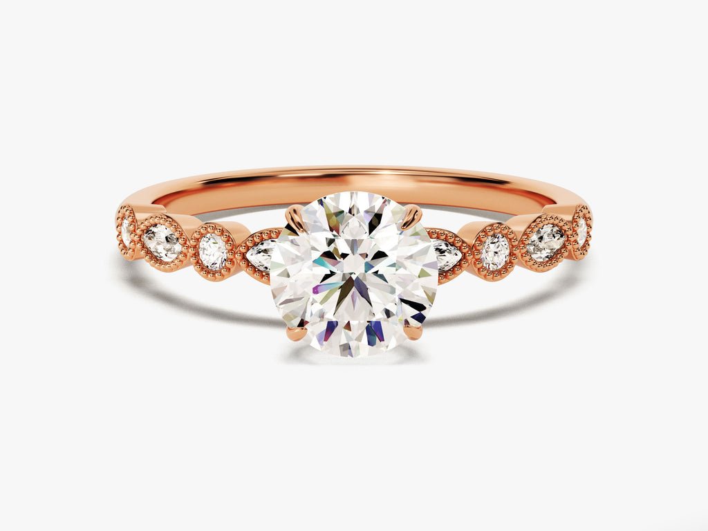Round milgrain engagement ring offered in gold and platinum