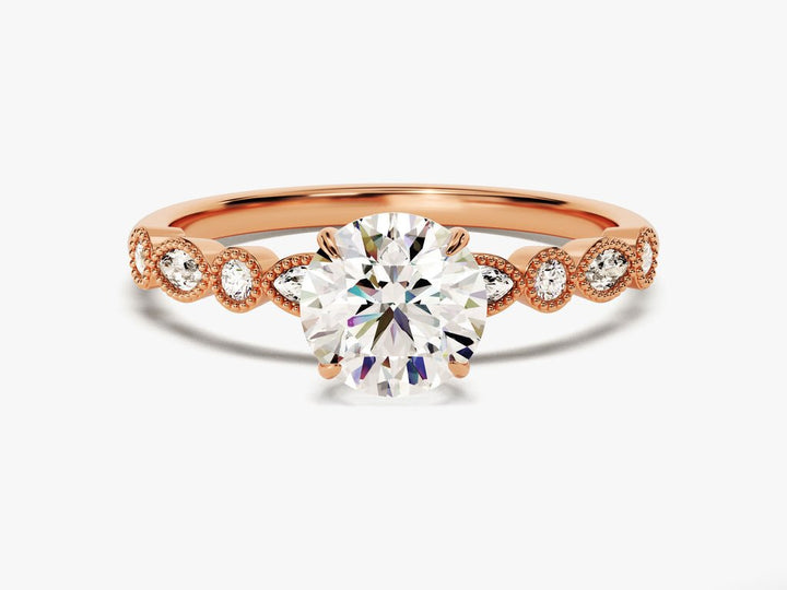 Round milgrain engagement ring offered in gold and platinum