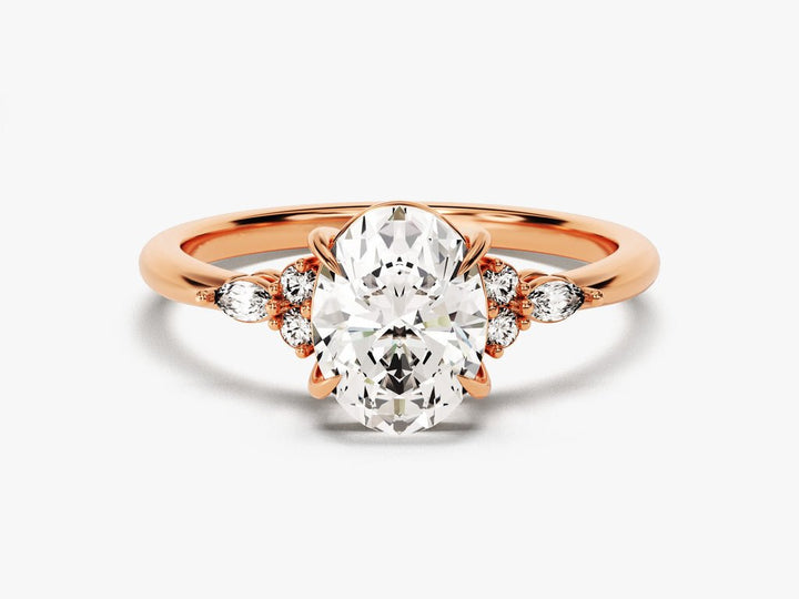 Detailed close-up of oval three stone diamond engagement ring