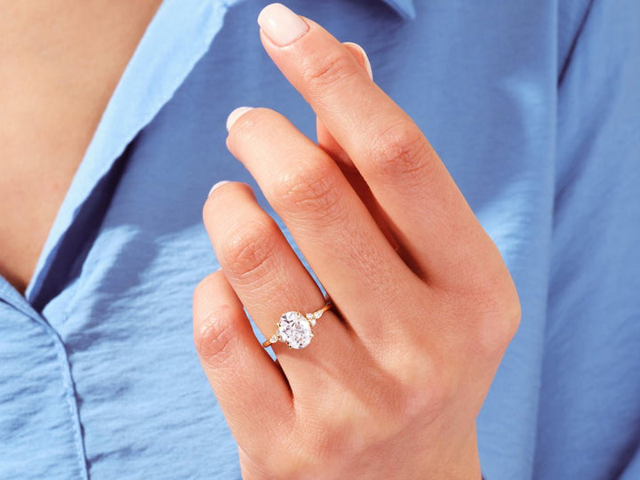 Oval cut engagement ring side view showing band detail