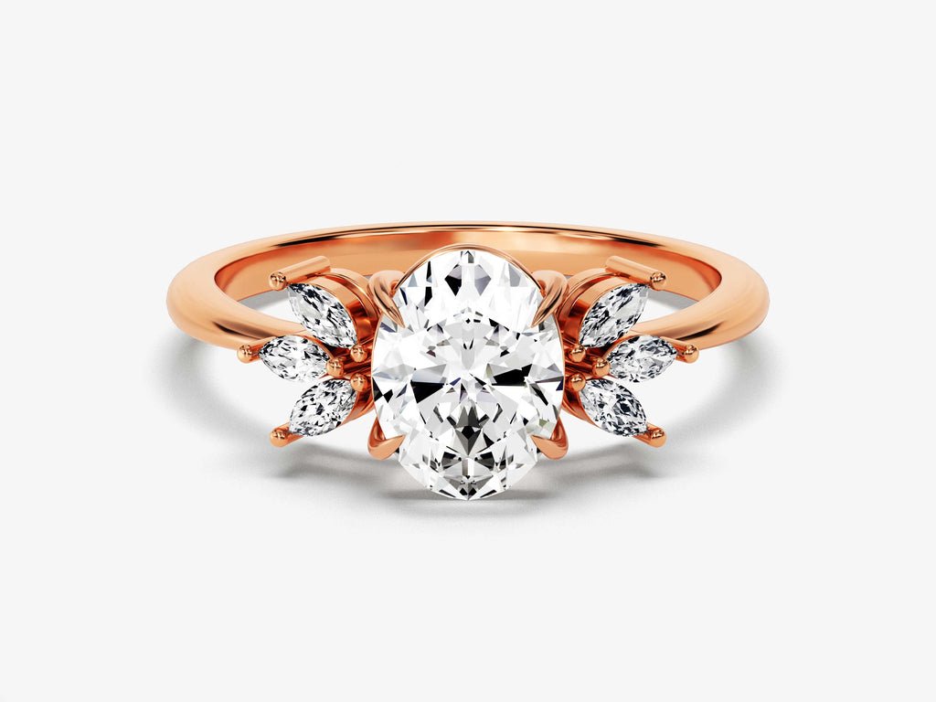 Detailed close-up of oval cluster diamond engagement ring