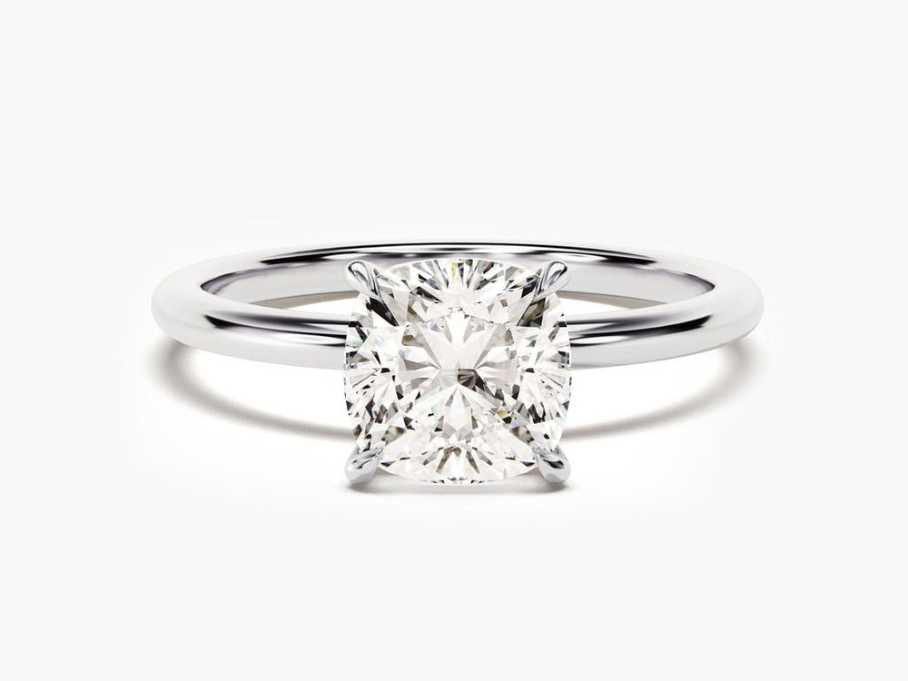 Side angle of cushion solitaire diamond engagement ring